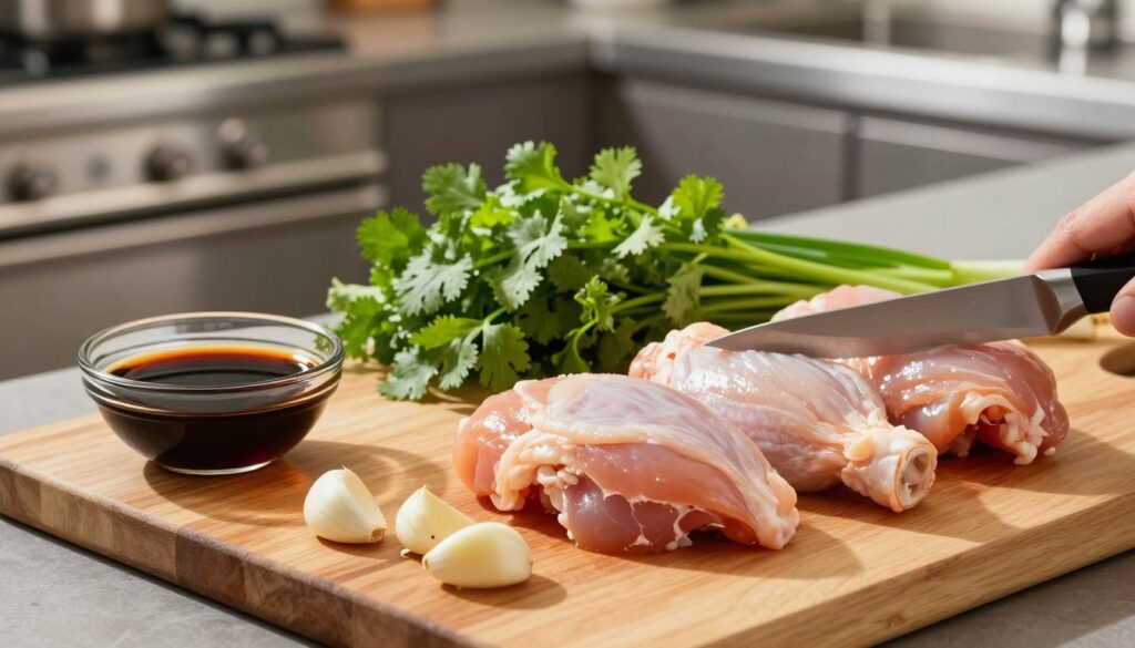A well-lit kitchen scene focusing on the preparation of chicken meat for marinating. In the foreground, a clean wooden cutting board displays raw chicken thighs, some pieces are trimmed carefully with a sharp knife. Nearby, a small bowl filled with soy sauce and a few cloves of minced garlic are arranged artistically. In the middle, a vibrant array of fresh herbs like cilantro and green onions lay next to the chicken, hinting at the flavor profiles to come. The background features stainless steel kitchen appliances, creating a modern atmosphere. The lighting is warm and inviting, casting soft shadows that enhance the textures of the ingredients. The overall mood is vibrant and appetizing, emphasizing the meticulous care taken in the preparation process. A well-lit kitchen scene focusing on the preparation of chicken meat for marinating. In the foreground, a clean wooden cutting board displays raw chicken thighs, some pieces are trimmed carefully with a sharp knife. Nearby, a small bowl filled with soy sauce and a few cloves of minced garlic are arranged artistically. In the middle, a vibrant array of fresh herbs like cilantro and green onions lay next to the chicken, hinting at the flavor profiles to come. The background features stainless steel kitchen appliances, creating a modern atmosphere. The lighting is warm and inviting, casting soft shadows that enhance the textures of the ingredients. The overall mood is vibrant and appetizing, emphasizing the meticulous care taken in the preparation process.