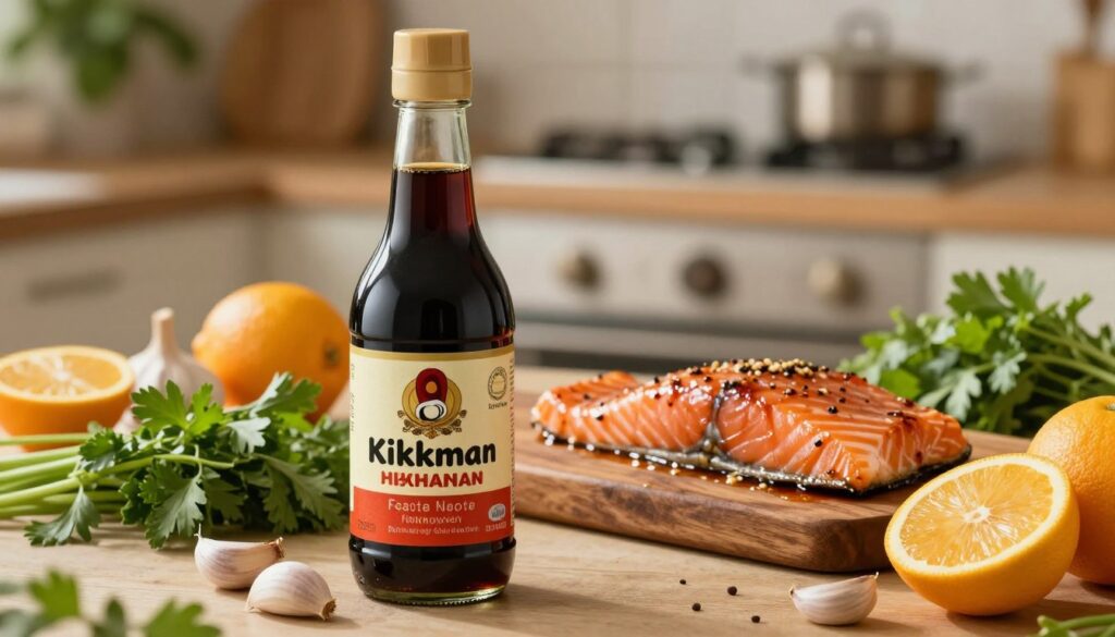 An elegantly presented bottle of Kikkoman soy sauce sits prominently in the foreground, its label clearly visible and illuminated by soft, warm lighting. Surrounding the bottle, an assortment of fresh ingredients such as vibrant green herbs, glossy garlic cloves, and zesty citrus fruits are artfully arranged, suggesting the flavors that enhance marinades. In the middle ground, a rustic wooden cutting board showcases marinated salmon fillets, glistening with a rich glaze that hints at the savory depth of the soy sauce. The backdrop consists of a softly blurred, homely kitchen setting with hints of greenery, evoking warmth and comfort. The mood is inviting and harmonious, emphasizing the connection between the ingredients and the delightful aroma they create together. The image captures the essence of culinary inspiration without any text or overlays.